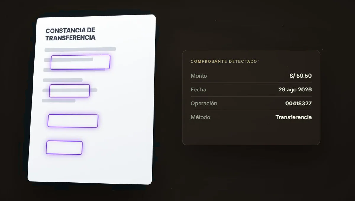 Un comprobante de transferencia leído por la IA, con monto, fecha y operación extraídos