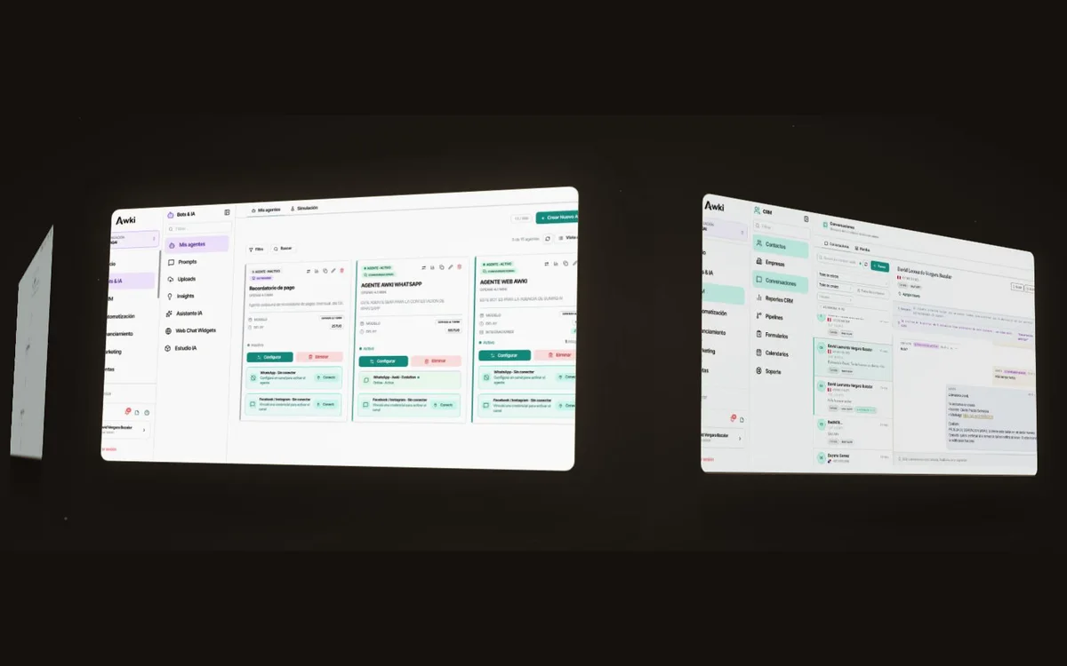 Varias pantallas de AWKI: agentes, CRM y conversaciones